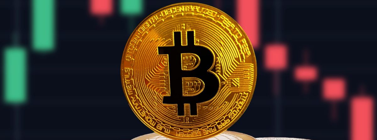 Banner de moeda BTC com fundo de gráfico candlestick