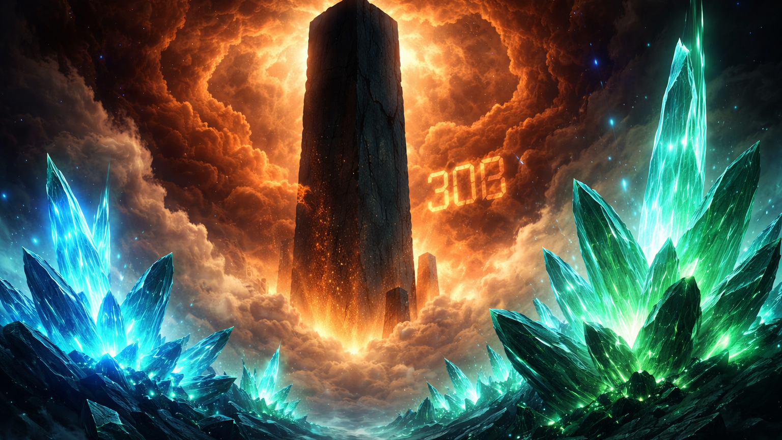 Paisagem épica de fantasia com um grande monólito de pedra negra ao centro, cercado por cristais gigantes brilhantes em tons de azul e verde, sob um céu dramático de nuvens de fogo e o número 30B flutuando em luz laranja.