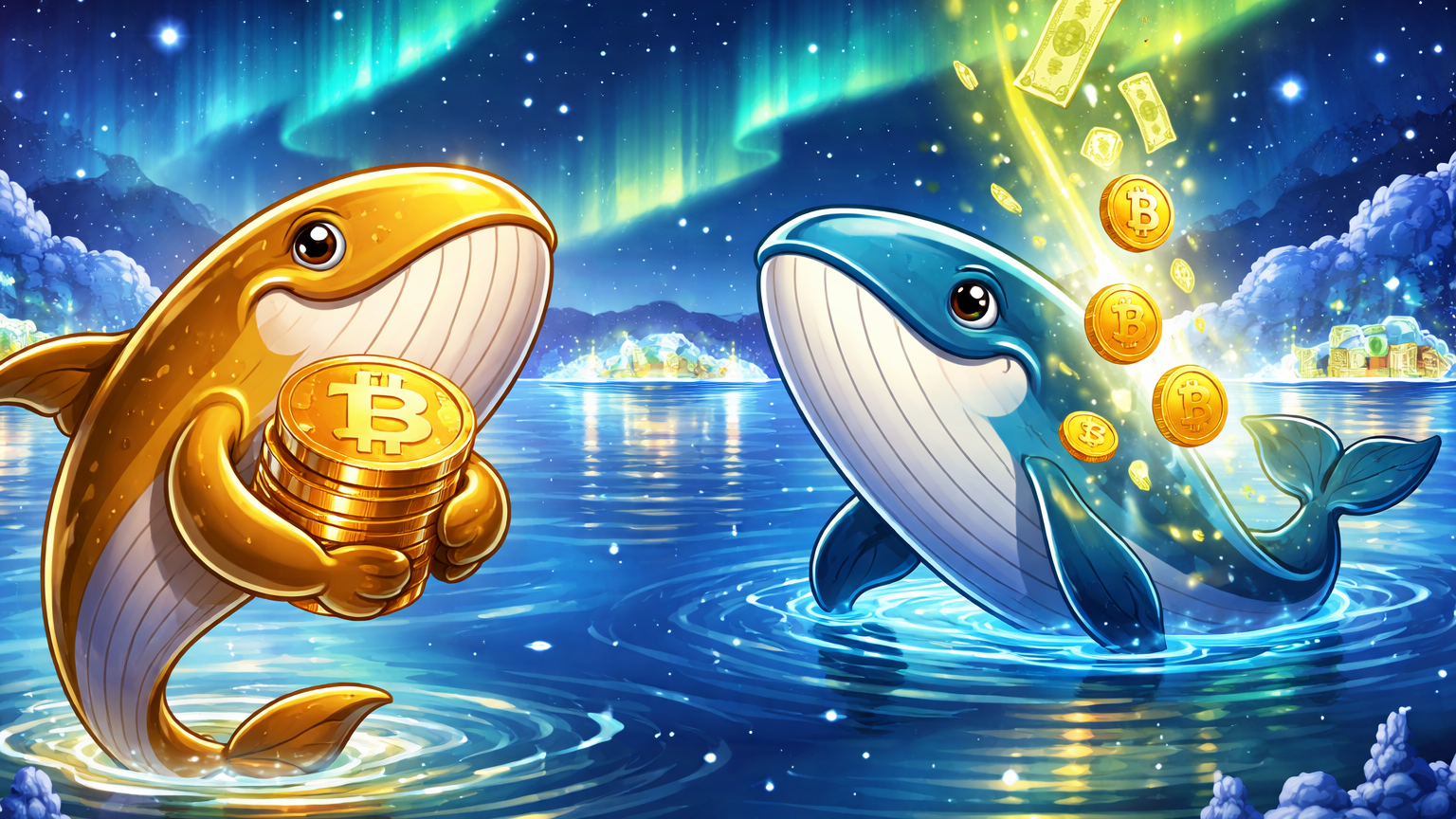 Baleias cartoon dourada e ciano guardando BTC e recebendo influxos institucionais em XRP em baía digital natalina, sinalizando otimismo das whales