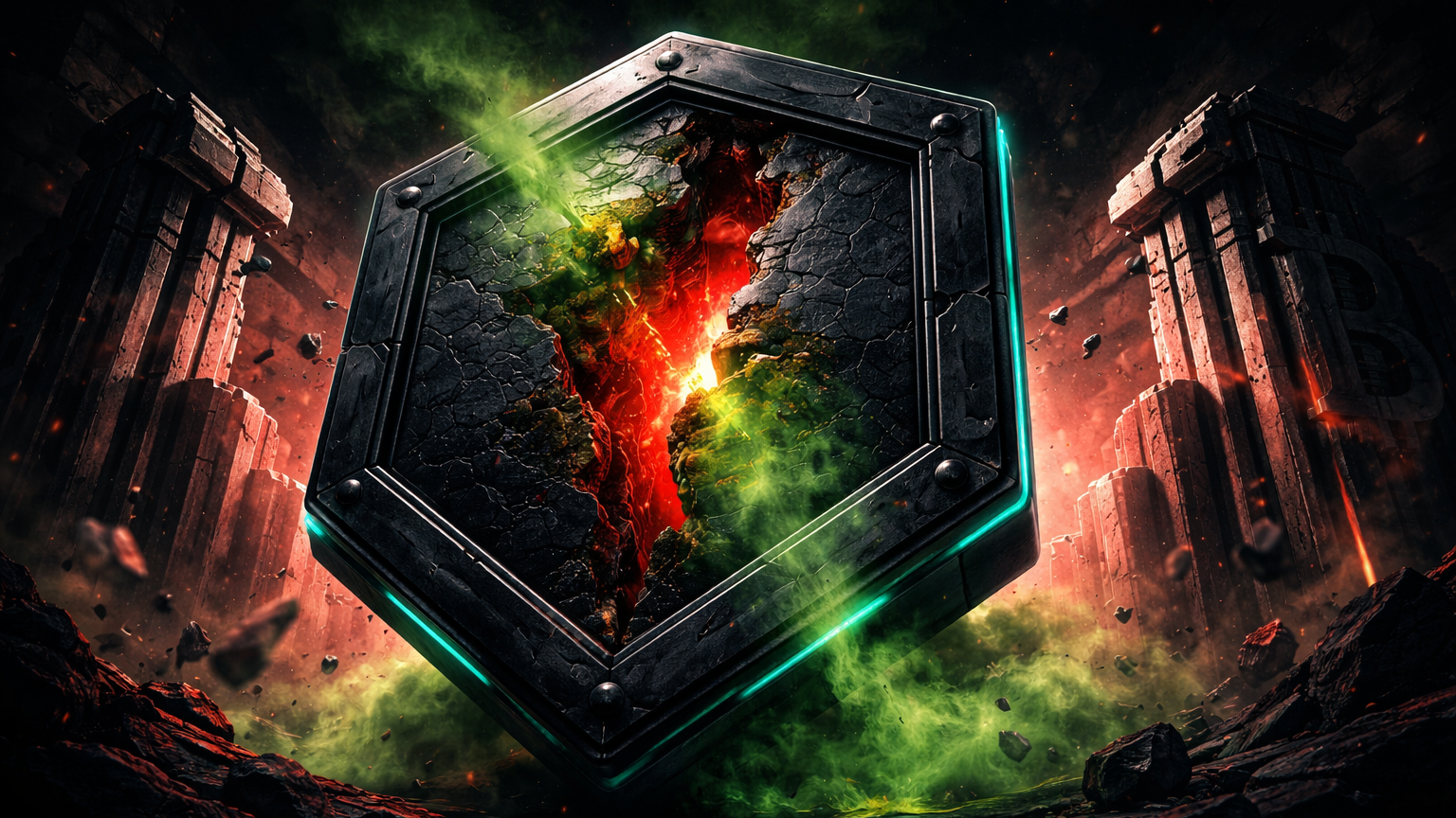 Escudo wallet hexagonal corroído por névoa venenosa vermelha com pilares de suporte Bitcoin rachados, alertando hacks e riscos de queda