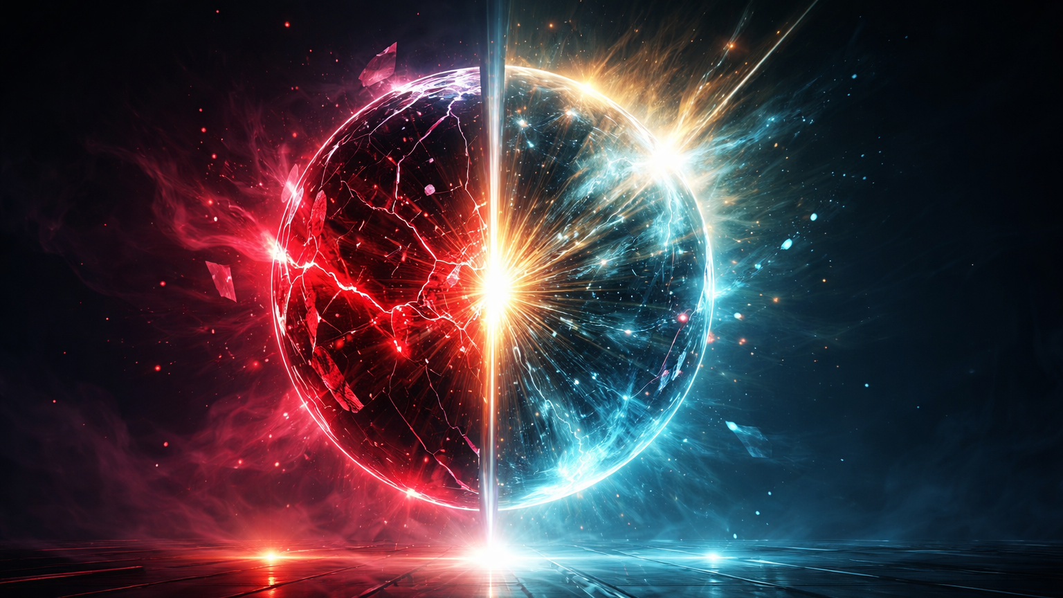 Esfera cristalina dividida: lado fragmentado vermelho pelo hack da Trust Wallet e lado radiante dourado pelos US$ 50 bi em ETFs projetados