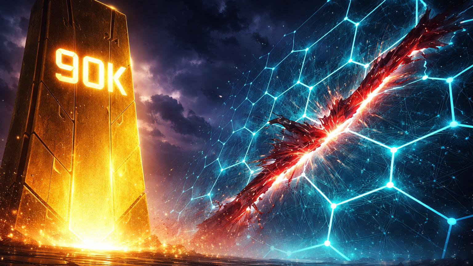 Monolito dourado com 90K gravado contrastando com rede hexagonal rachada vermelha, simbolizando alta do BTC e exploit na Flow em tensões geopolíticas