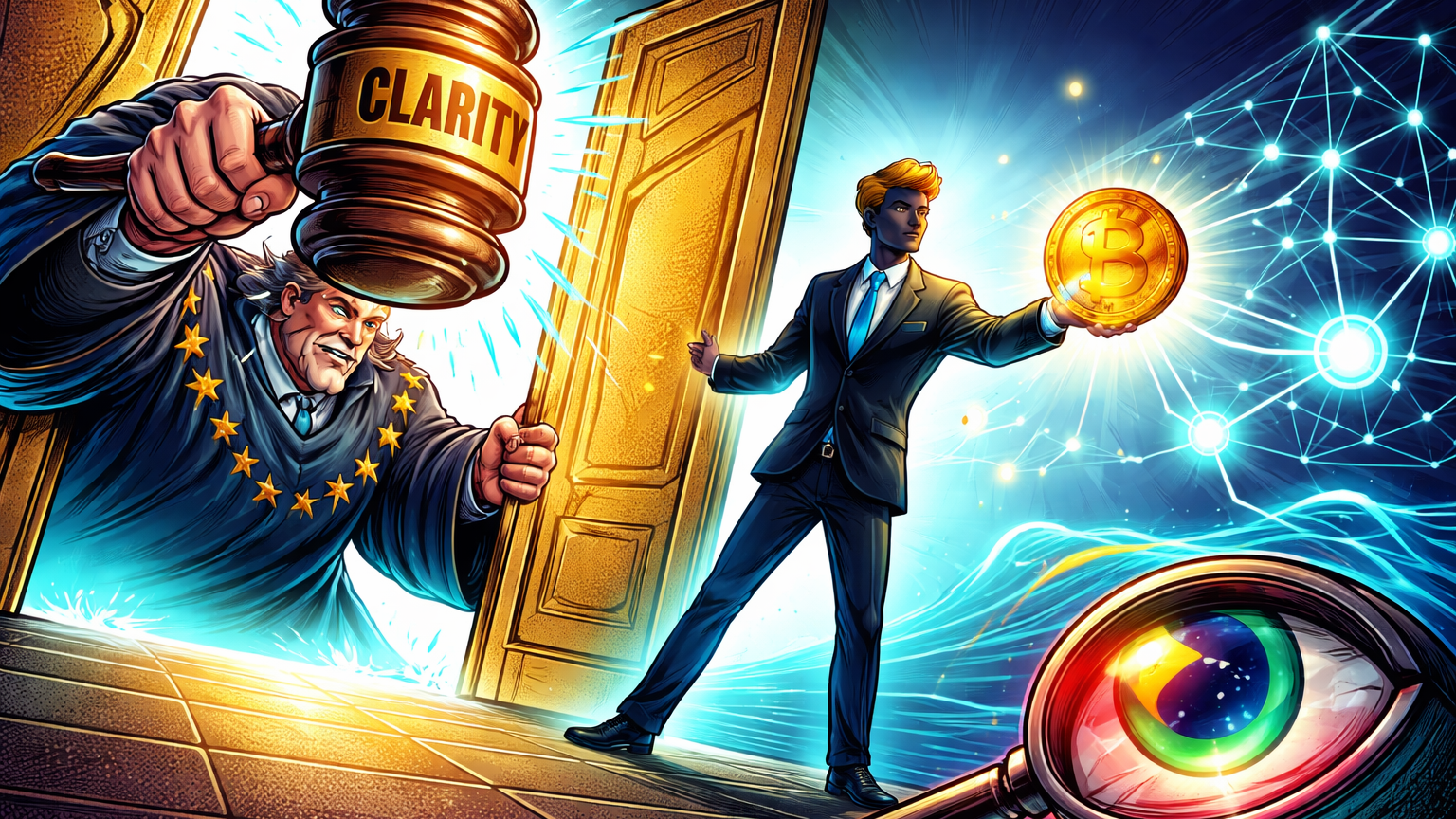 Juiz cartoon aprovando CLARITY Act abrindo portas para empresário tokenizando equity na Cronos, com olho vigilante brasileiro, marcando avanço regulatório misto