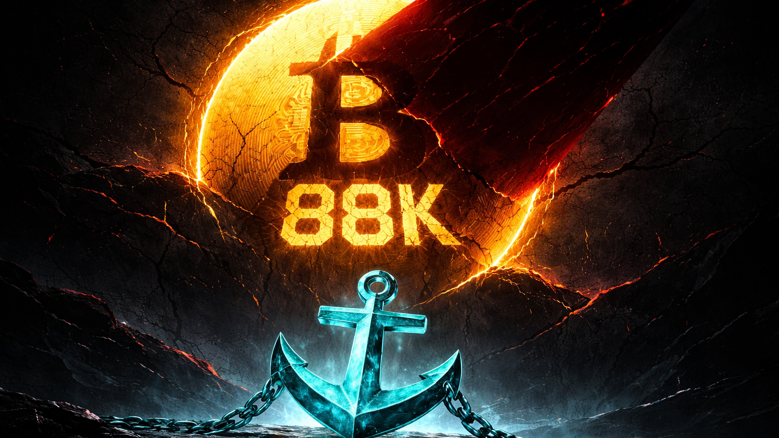 Sol dourado com 88K eclipsado por sombra vermelha e âncora Tether cyan estável, simbolizando pior Q4 do Bitcoin e acumulação em bear market