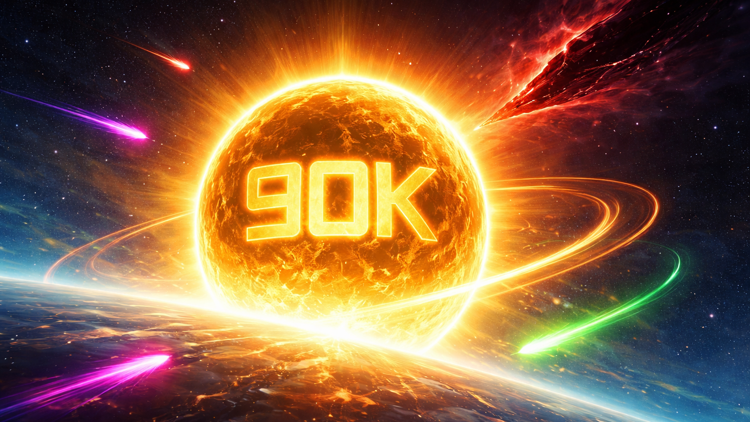 Sol dourado com 90K gravado orbitado por cometas neon e anomalia vermelha aproximando-se, simbolizando alta Bitcoin, memecoins e risco geopolítico Irã