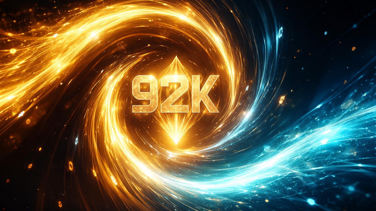 Vórtice dourado com 92K cristalino alimentado por correntes cyan e dourada, simbolizando recorde de captação em ETFs de BTC/ETH e alta do Bitcoin