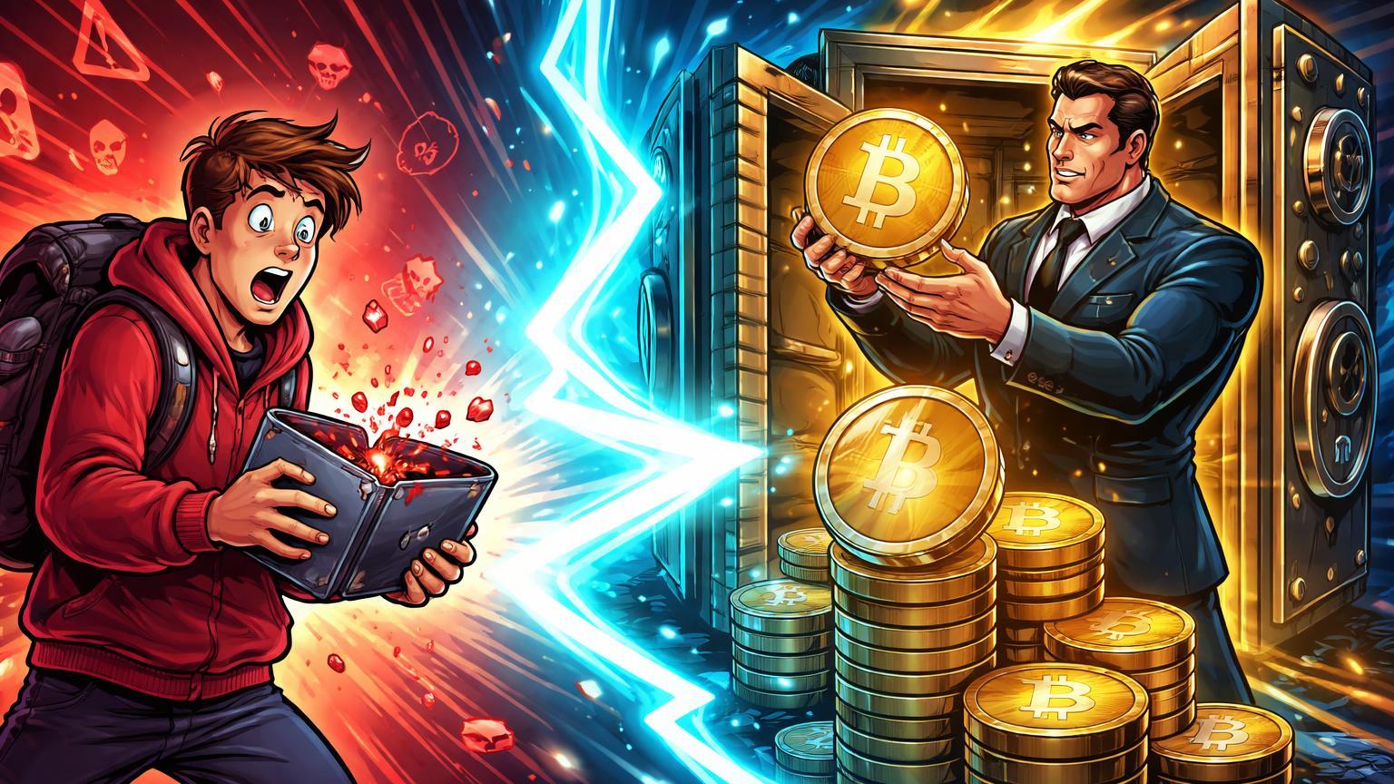 Trader cartoon com wallet rachada vazando dados contrastando com executivo institucional empilhando BTC e ETH, simbolizando crise de segurança vs compras massivas