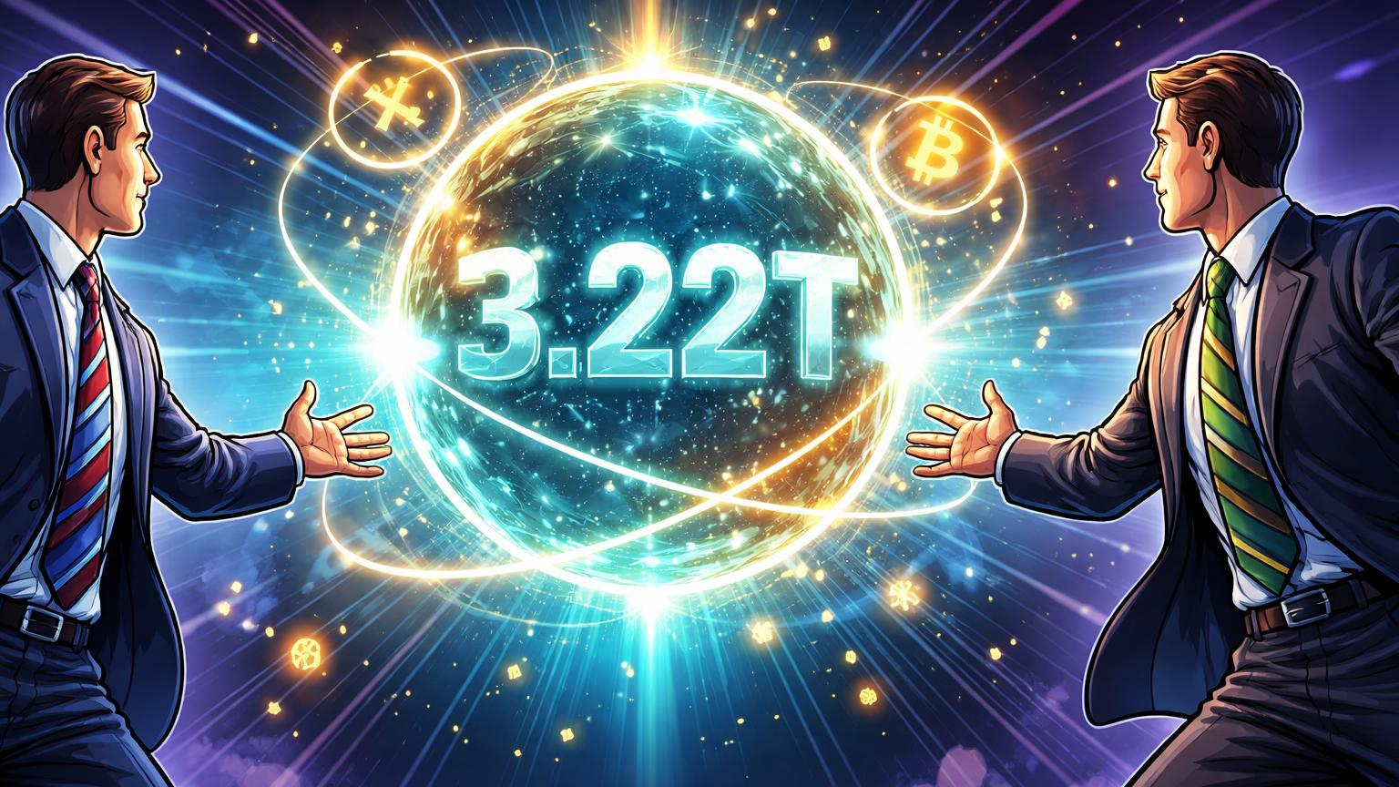 Executivos cartoon de bancos estendendo mãos para esfera cripto com 3.22T, simbolizando recorde de US$ 3,22T e adoção institucional
