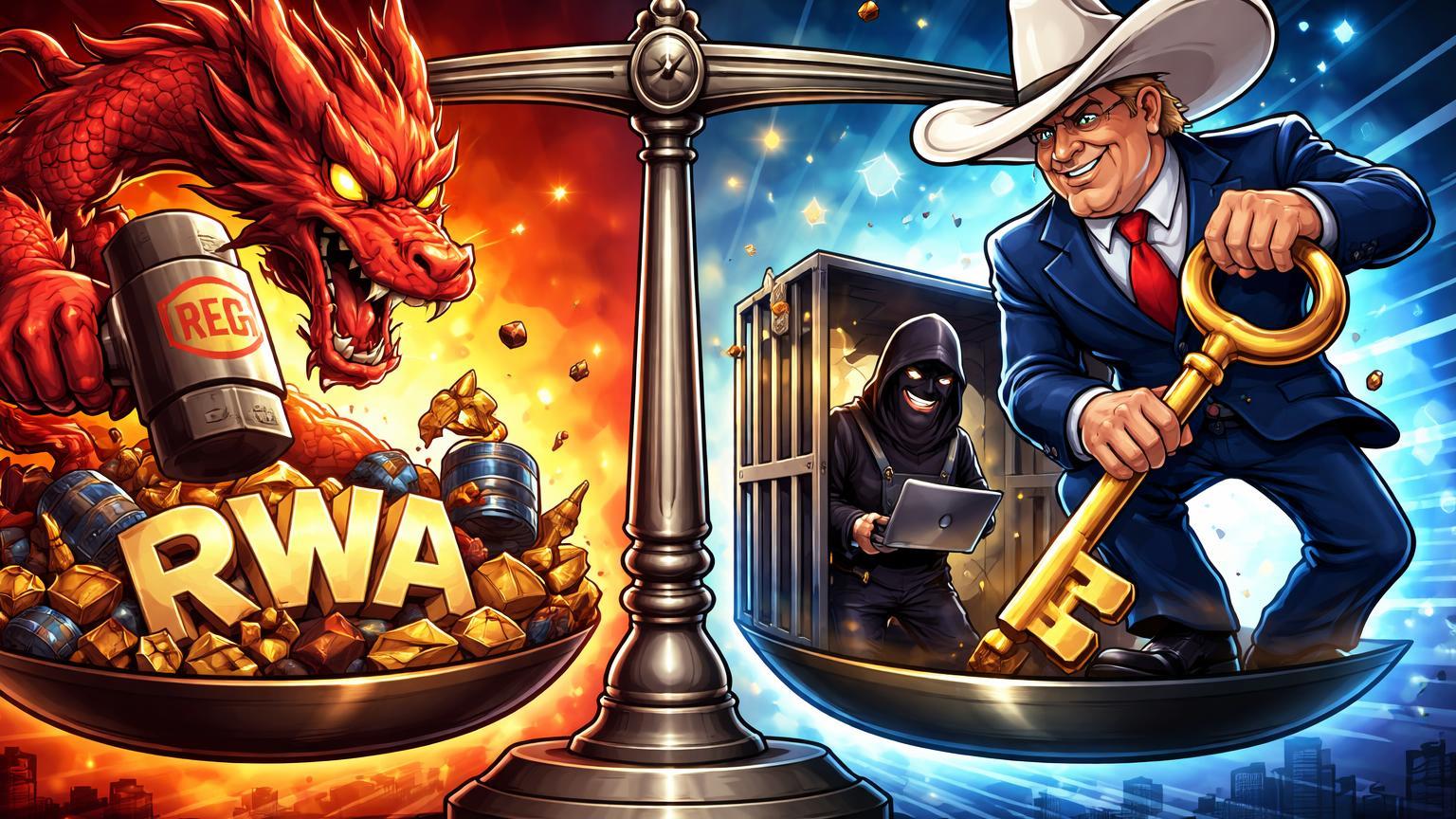 Balança cartoon com dragão chinês esmagando RWA e cowboy EUA liberando hacker Bitfinex, ilustrando contrastes regulatórios globais