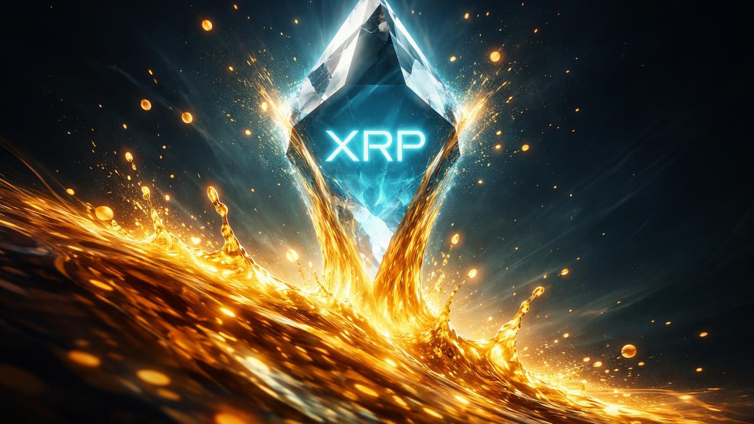 Cristal XRP emergindo de fluxo de ouro líquido ascendente, simbolizando influxo recorde de US$ 46 milhões em ETFs e rally bullish
