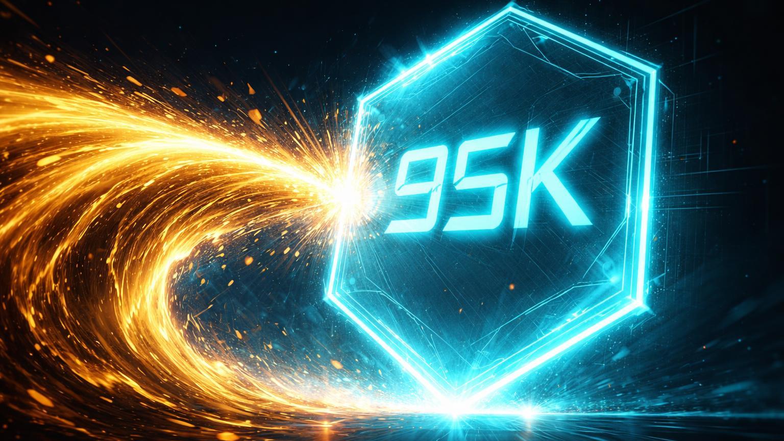 Onda dourada de energia colidindo contra barreira cyan com 95K gravado, simbolizando rejeição técnica do Bitcoin em US$95 mil