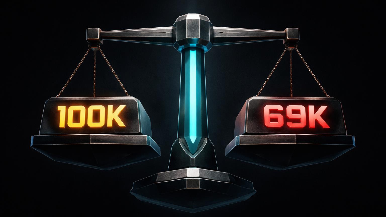 Balança brutalista em equilíbrio com blocos 100K dourado e 69K vermelho, simbolizando batalha decisiva do Bitcoin em US$100 mil