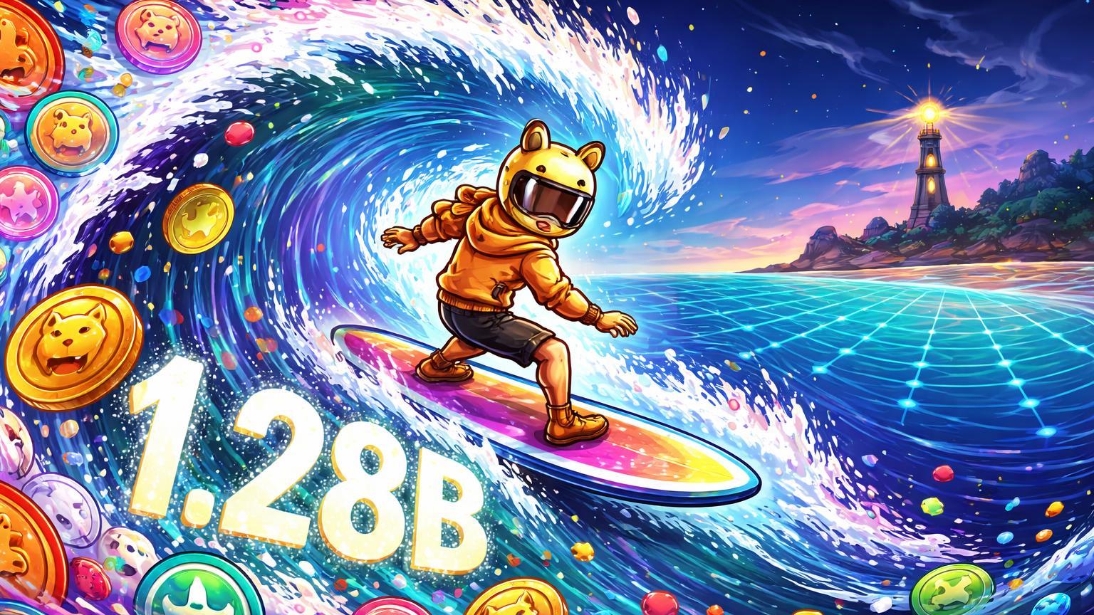 Surfista cartoon surfando onda caótica de memecoins neon com '1.28B' na espuma, simbolizando recorde de PumpSwap na Solana