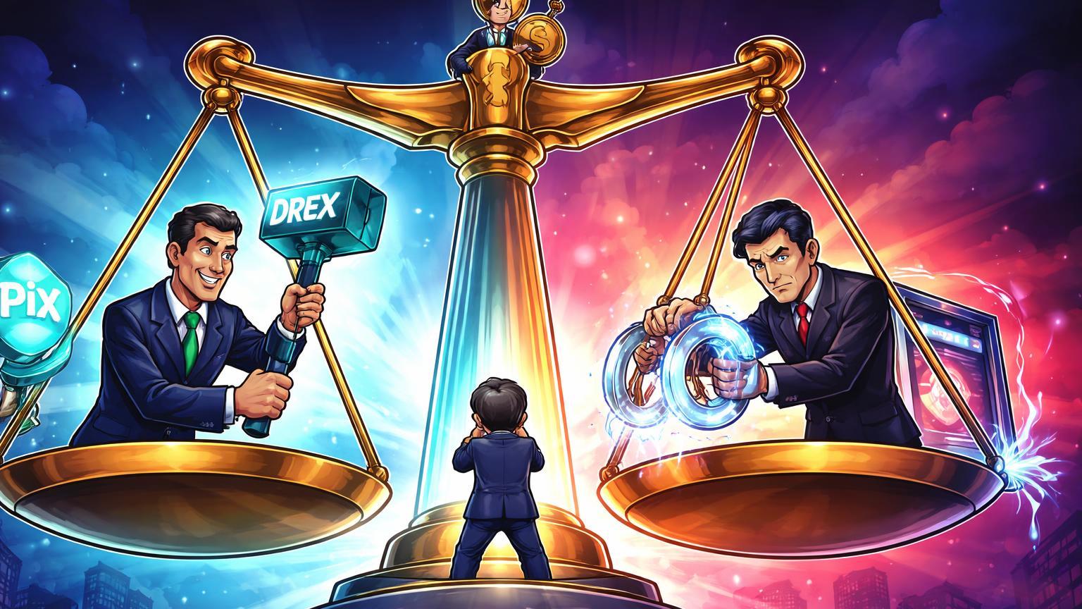 Balança regulatória com burocrata brasileiro aprovando Drex e coreano congelando contas cripto, investidor equilibrando no centro