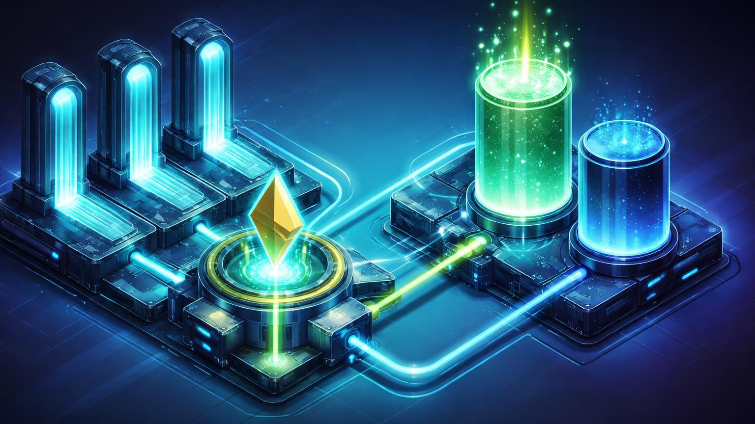 Estruturas isométricas DeFi com filas staking ETH vazias liberando energia e USDC transbordando sobre USDT, sinalizando shifts em adoção