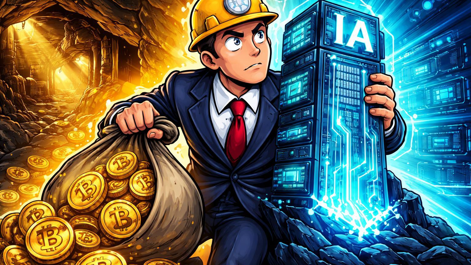 Personagem cartoon de mineradora soltando moedas BTC para construir data center IA, simbolizando pivot estratégico da Riot Platforms