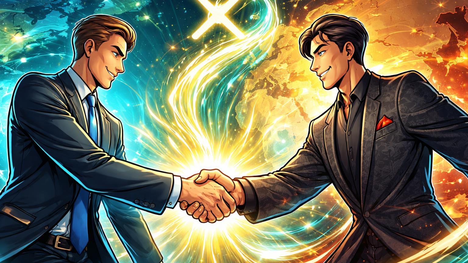 Executivos cartoon ocidental e asiático apertando mãos liberando onda XRP ascendente, simbolizando captação de US$ 500 mi da Ripple e alta de 20%