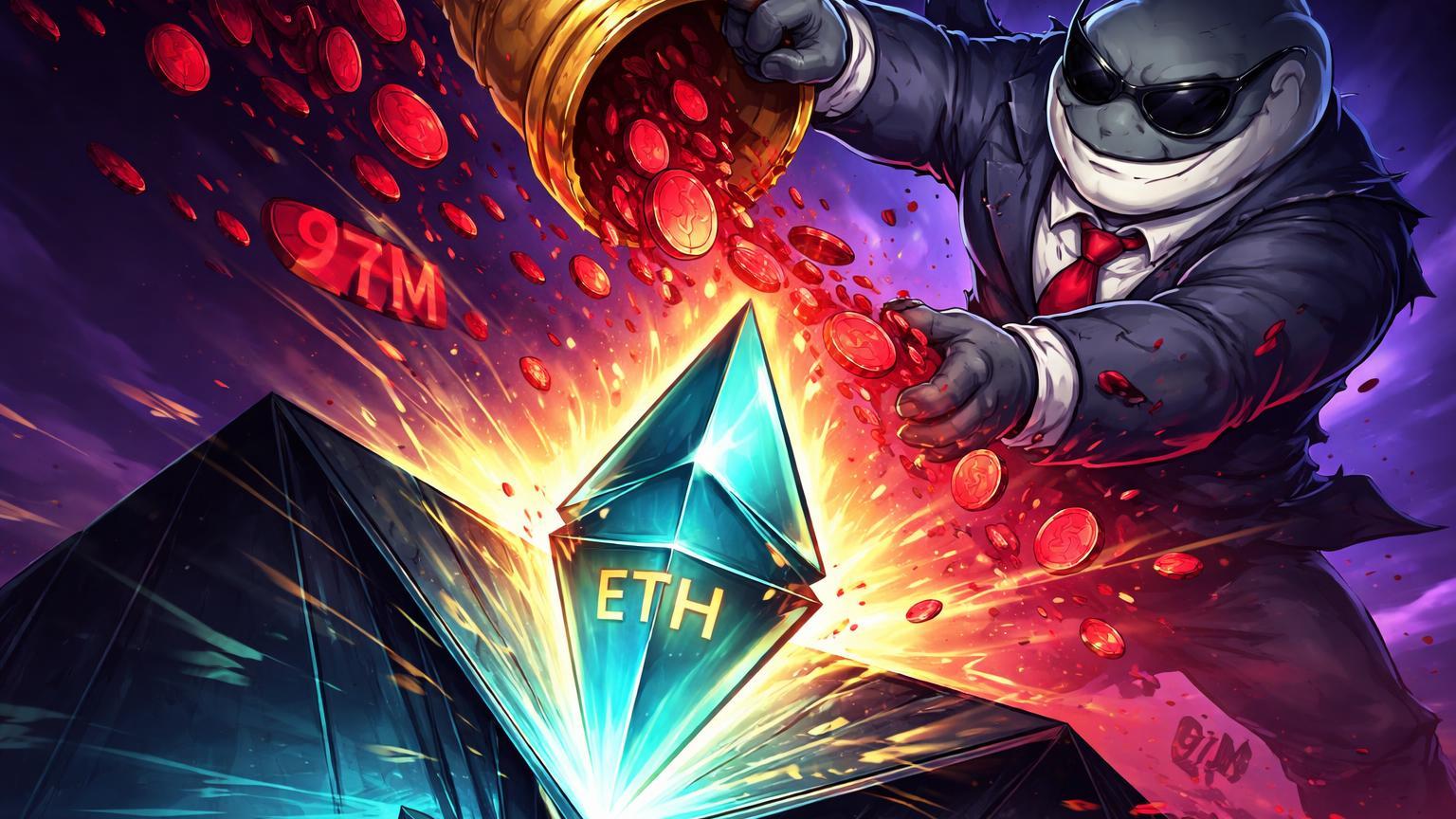 Baleia trader cartoon despejando fluxo vermelho de ETH sobre prisma rompendo wedge descendente com luz cyan, simbolizando vendas de US$971M mas rali persistente
