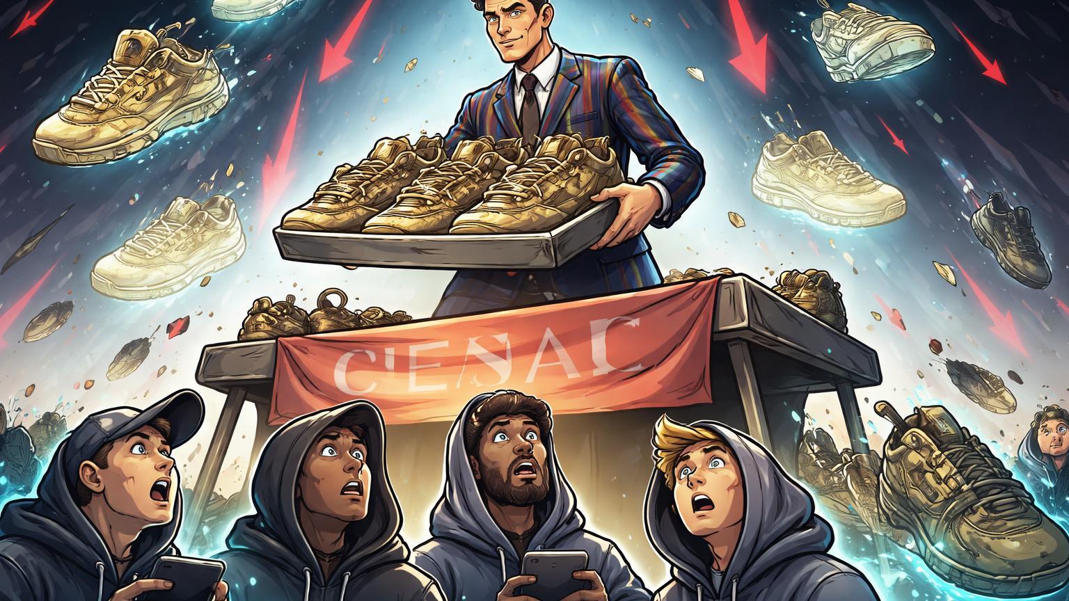 Executivo cartoon vendendo prateleira de tênis NFT murchos enquanto holders preocupados observam queda, sinalizando fim do ciclo NFT