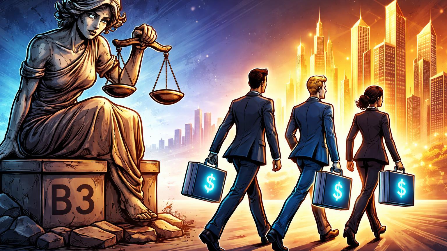 Executivos fintech cartoon migrando de estátua B3 rachada para horizonte Nasdaq dourado, representando IPO do PicPay na bolsa americana