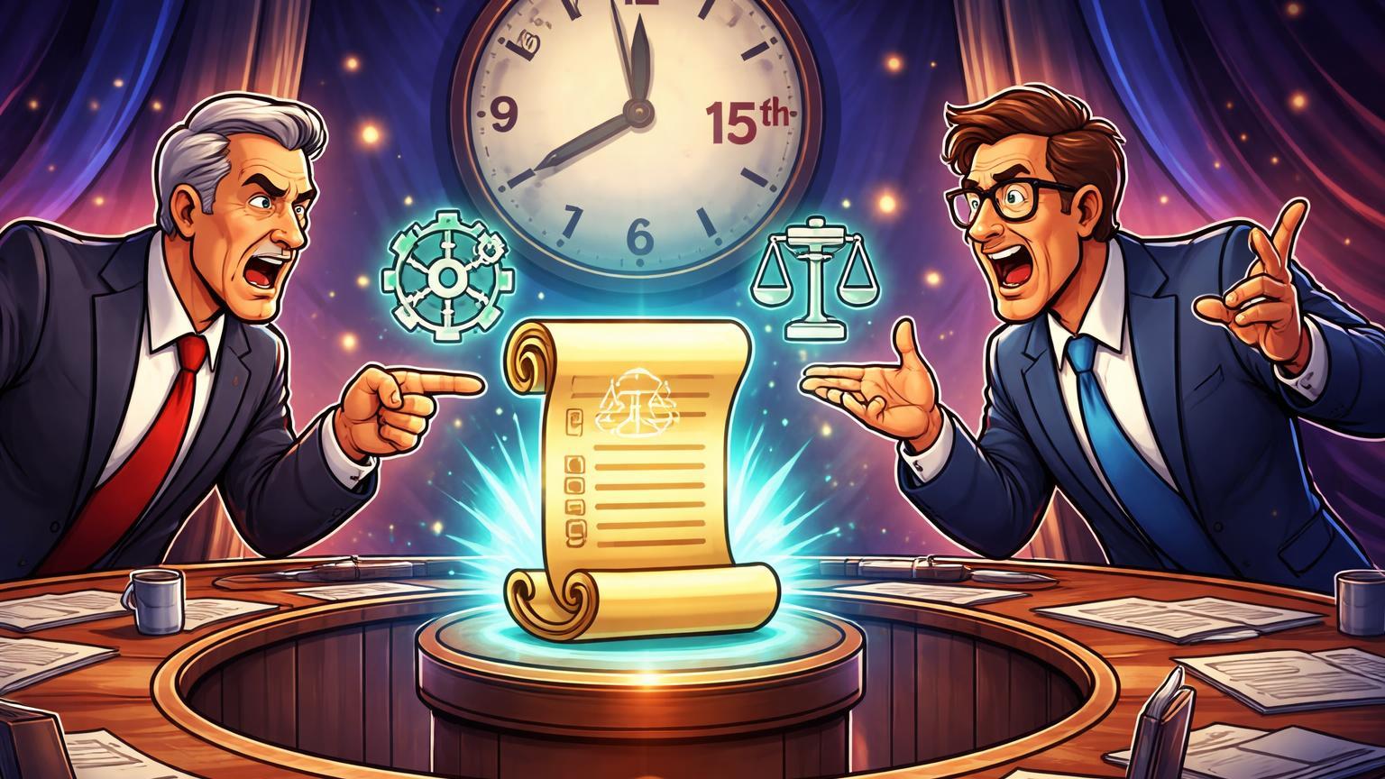 Senadores cartoon debatendo lei cripto com símbolos DeFi e stablecoins sobre mesa, relógio ao fundo simbolizando votação iminente no Senado dos EUA