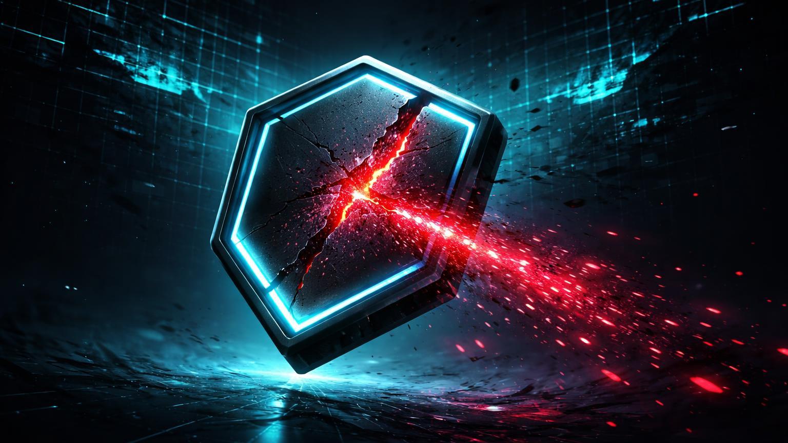 Escudo hexagonal de hardware wallet rachado vazando dados vermelhos com rede grid escurecendo, simbolizando vazamento Ledger e Starknet offline