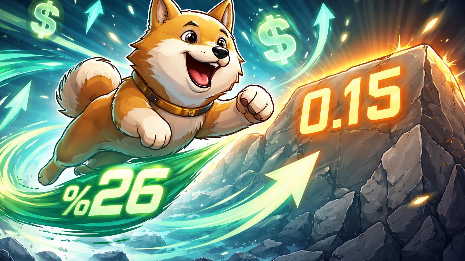 Shiba Inu Dogecoin cartoon saltando barreira 0.15 impulsionado por influxos ETF com +26%, representando rally especulativo e riscos