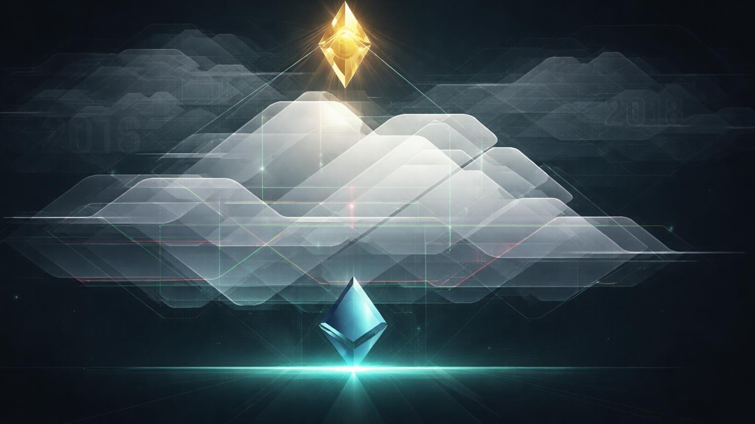 Nuvem Ichimoku geométrica abstrata com eco de 2018, prisma XRP testando suporte e cristal BTC oscilante, sinalizando análise rara no par XRP/BTC