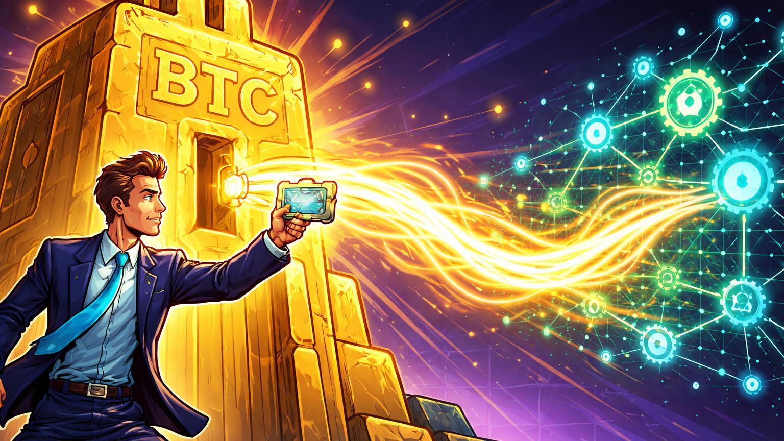 Personagem investidor cartoon desbloqueando fortaleza Bitcoin para fluxo DeFi cyan, simbolizando captação da a16z em colateral nativo