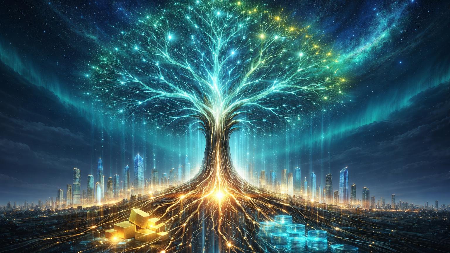Árvore digital colossal com raízes em ativos reais tokenizados e galhos formando rede blockchain, simbolizando superciclo de tokenização em 2026