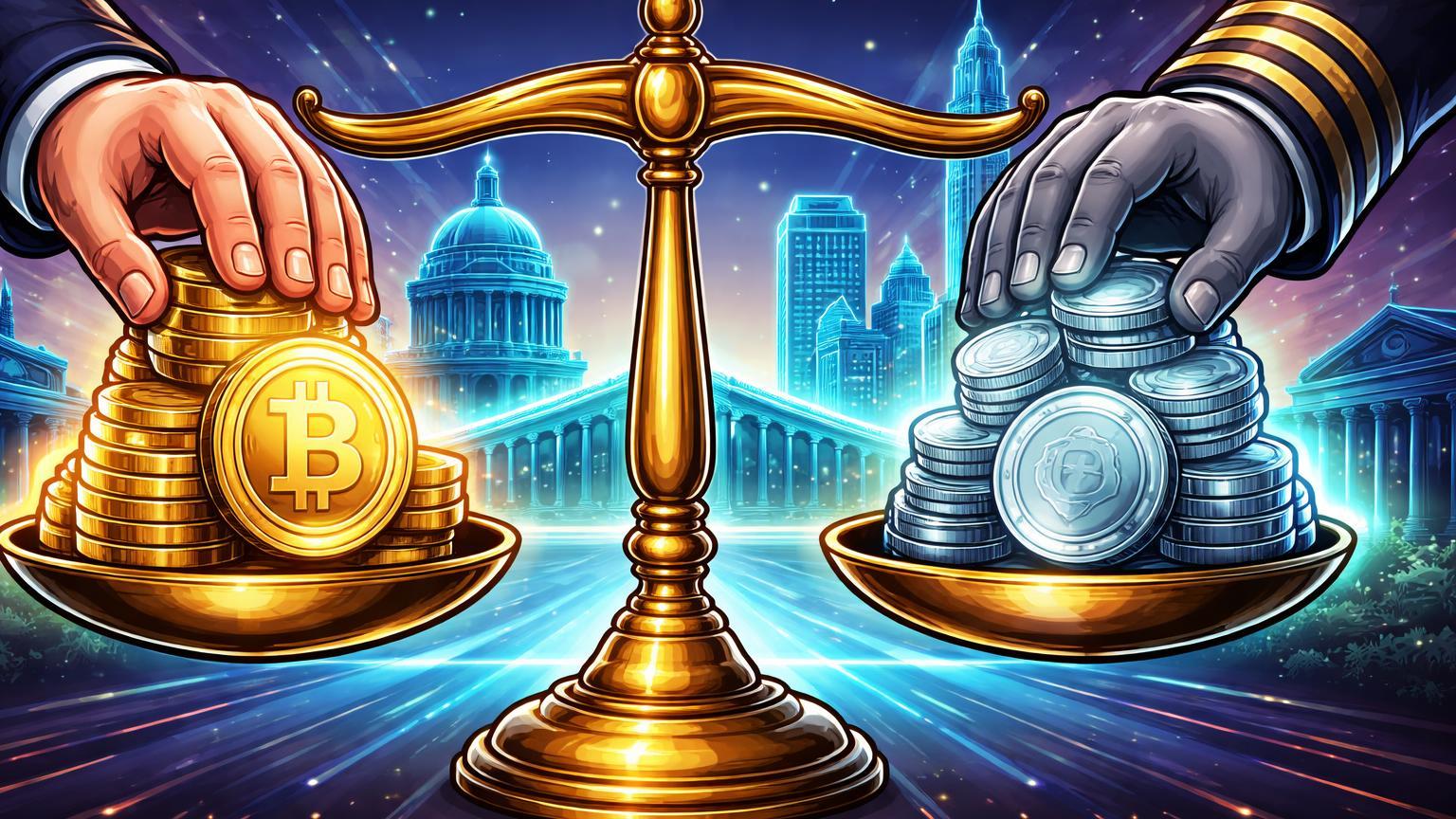Balança cartoon equilibrando moedas BTC apreendidas e stablecoins estatais cunhadas por mãos institucionais, marcando avanço da institucionalização crypto
