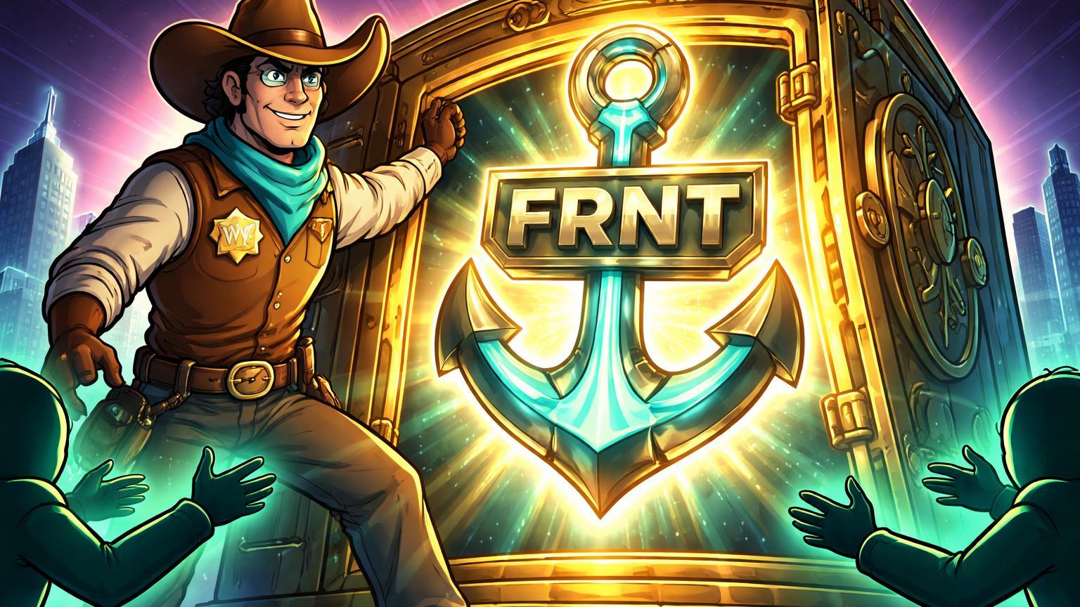 Xerife Wyoming cartoon abrindo cofre estatal liberando âncora FRNT luminosa para exchanges, marcando primeiro stablecoin emitido por estado dos EUA