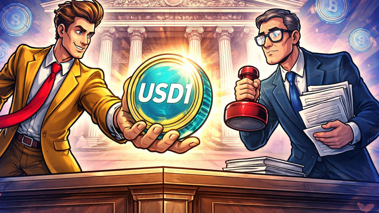 Personagens cartoon negociando: empresário ambicioso com stablecoin USD1 e regulador cético em balcão bancário, simbolizando pedido de charter WLFI Trump