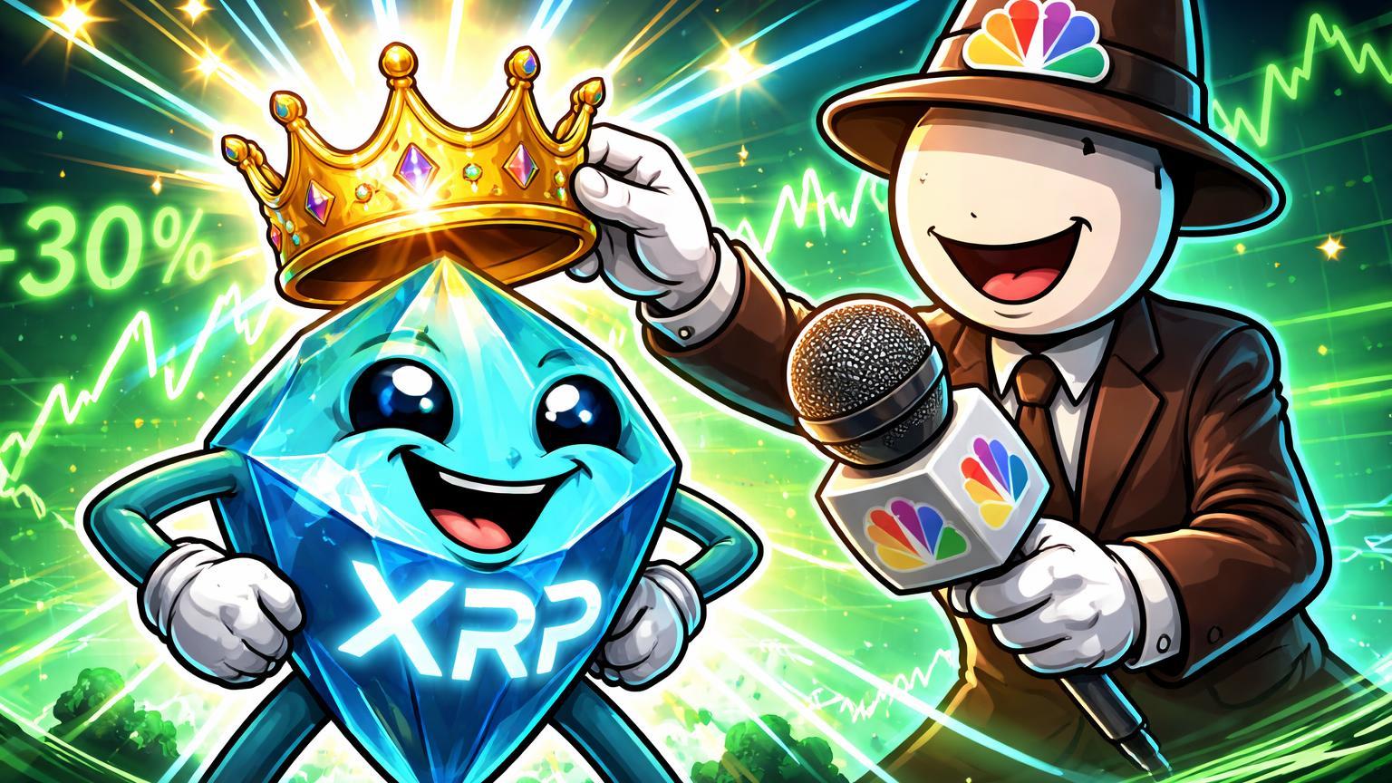 Personagem XRP cartoon recebendo coroa dourada de figura CNBC estilizada, celebrando alta de 30% e US$ 1,25 bi em ETFs