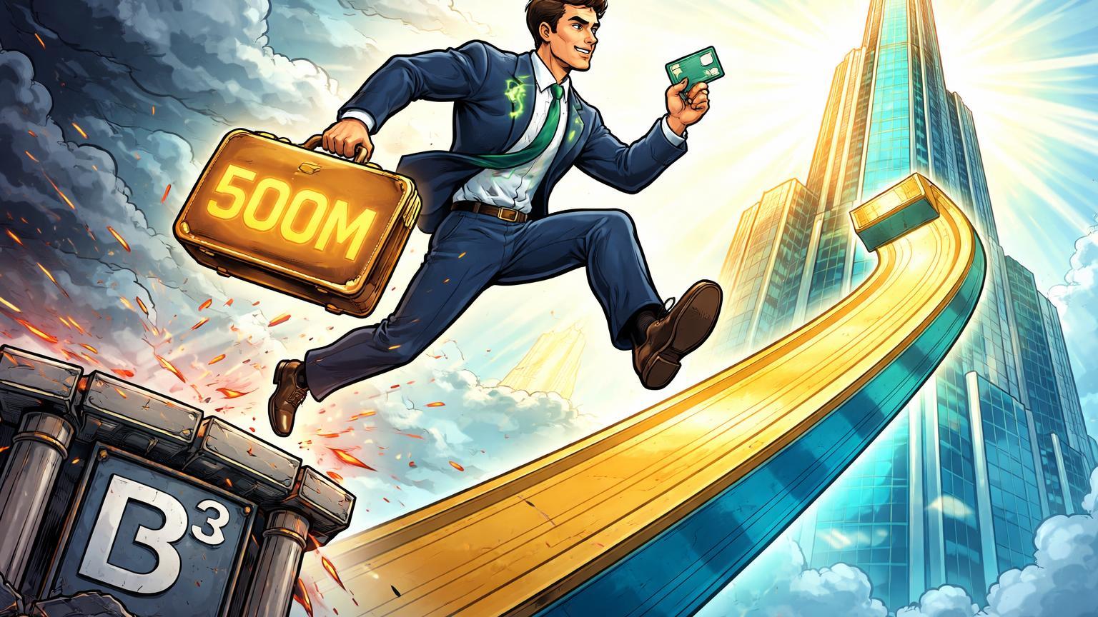 Personagem fintech cartoon saltando de plataforma B3 rachada para torre Nasdaq dourada com '500M', expondo crise na bolsa brasileira