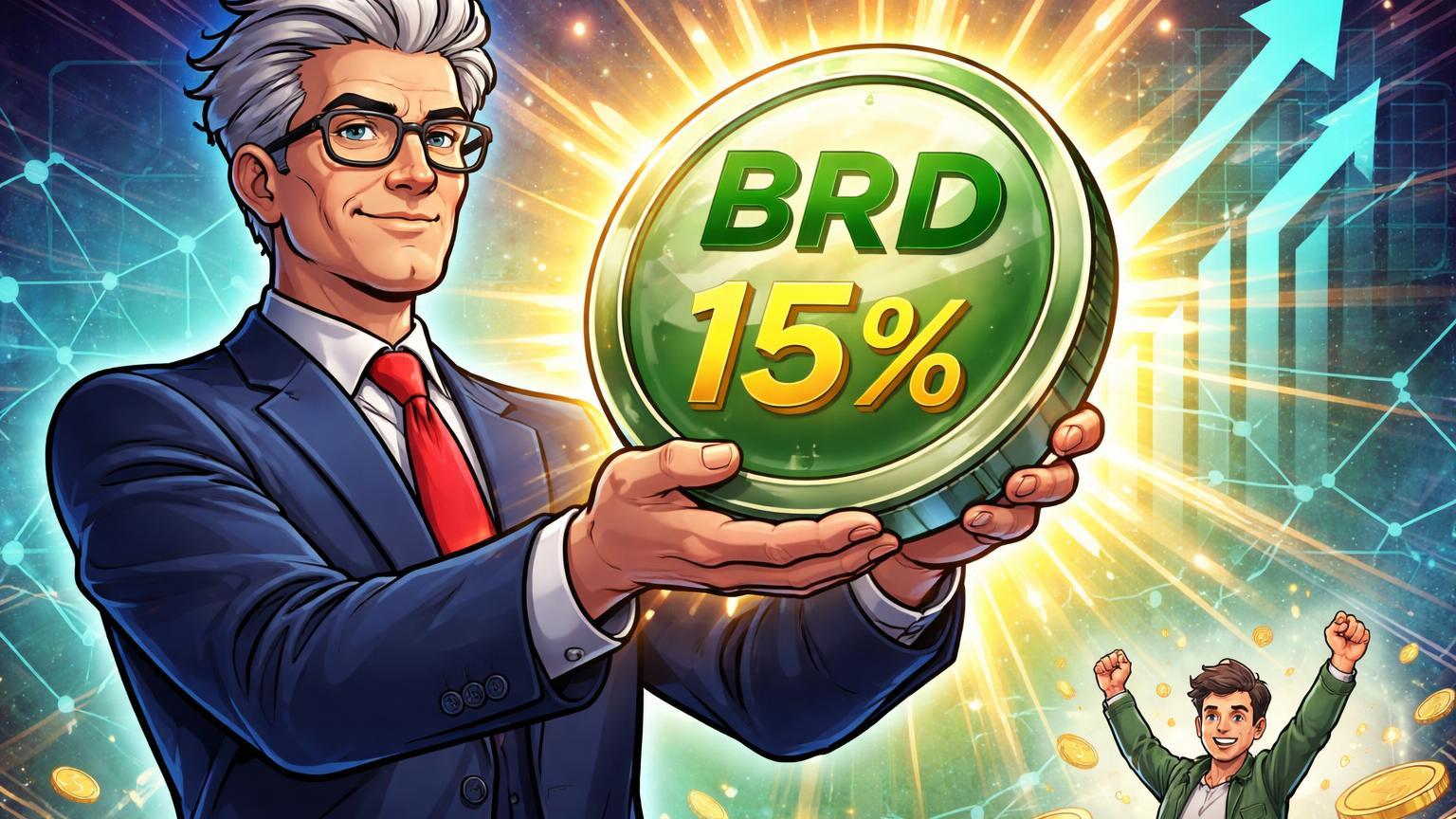 Ex-diretor do BC cartoon apresentando stablecoin BRD com '15%' dourado luminoso, simbolizando yield de 15% via Selic em cripto