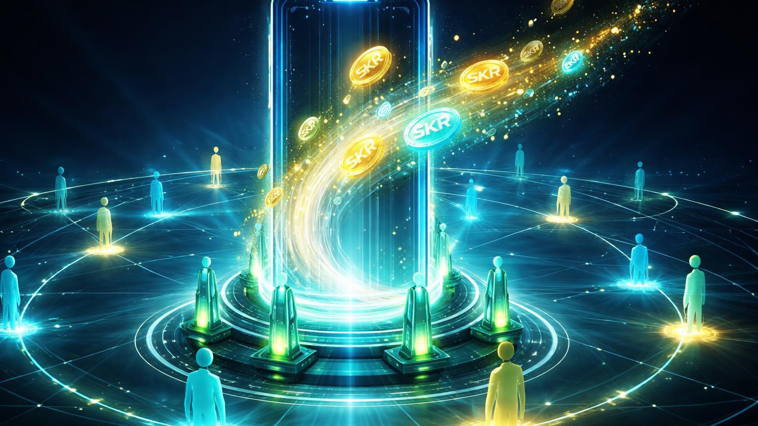 Portal smartphone glassmorphism liberando partículas SKR para silhuetas de usuários em rede, simbolizando airdrop e lançamento bullish de Solana Mobile