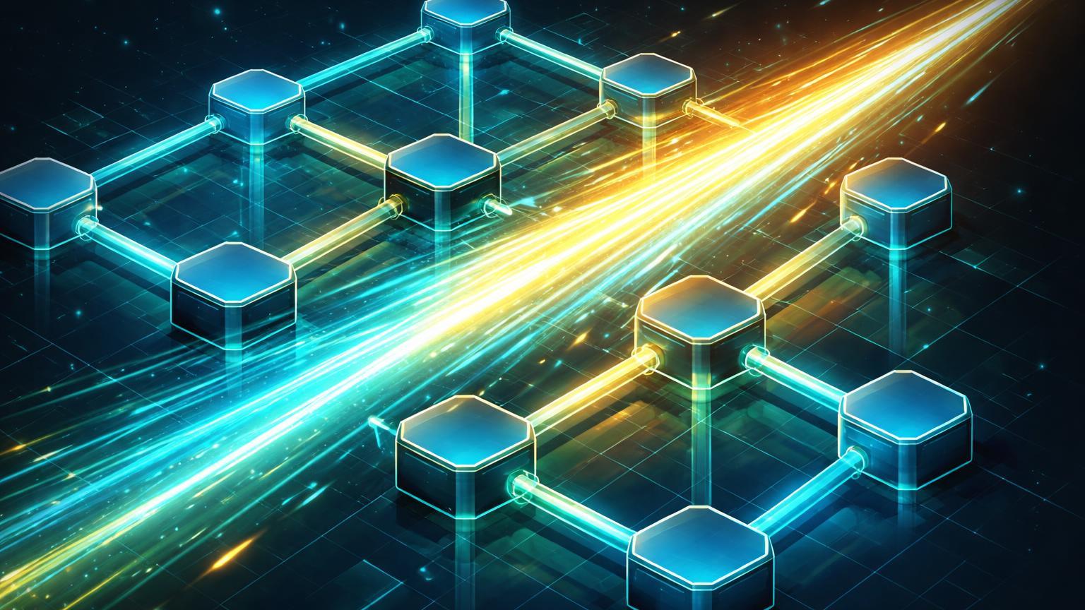 Rede isométrica Layer 2 com pulsos de energia cyan acelerando pela metade da distância, simbolizando upgrade Fourier no opBNB contra Solana