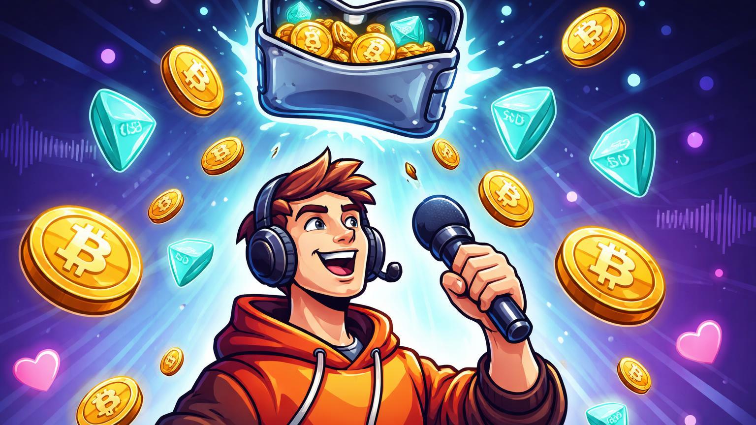 Criador cartoon com headset recebendo gorjetas BTC e USDT de wallet flutuante, simbolizando lançamento da Rumble para conteúdo