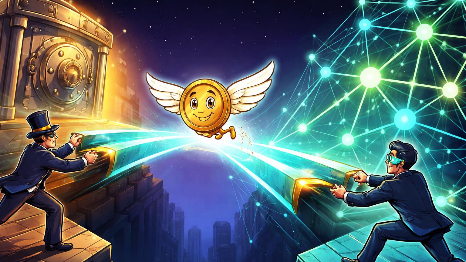 Executivos cartoon construindo ponte de energia entre cofre bancário e rede DeFi, com stablecoin migrando, simbolizando adoção institucional