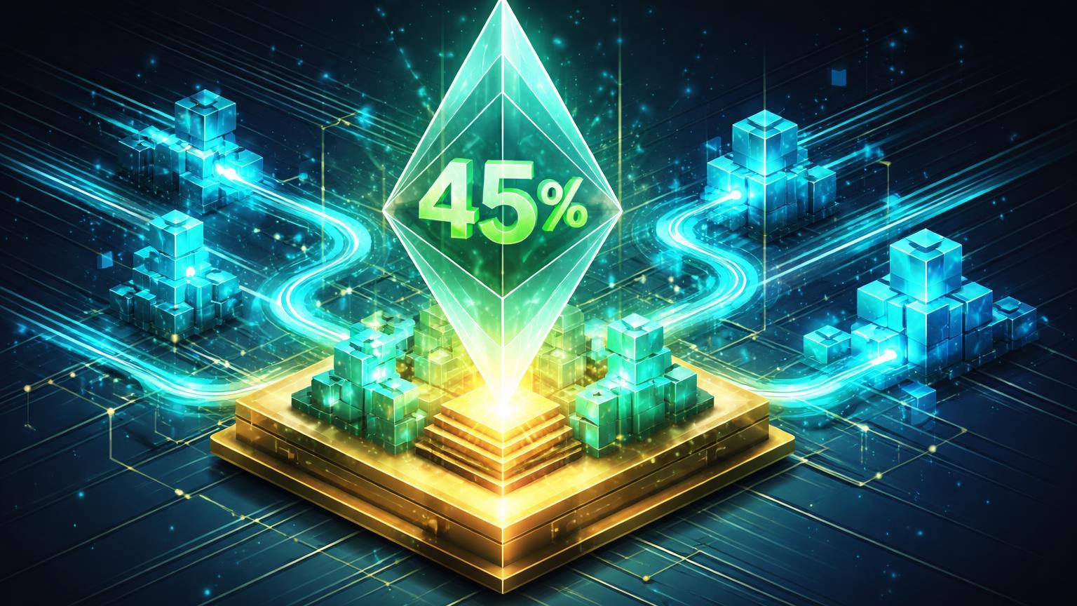 Rede isométrica cristalina Ethereum com fluxos densos de transações cyan e cristal '45%' central, simbolizando salto no uso e preço estável