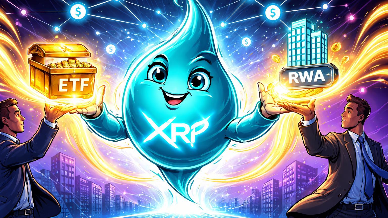 Personagem XRP cartoon recebendo energia dourada de executivos institucionais com ETF e RWA, simbolizando adoção e momentum crescente