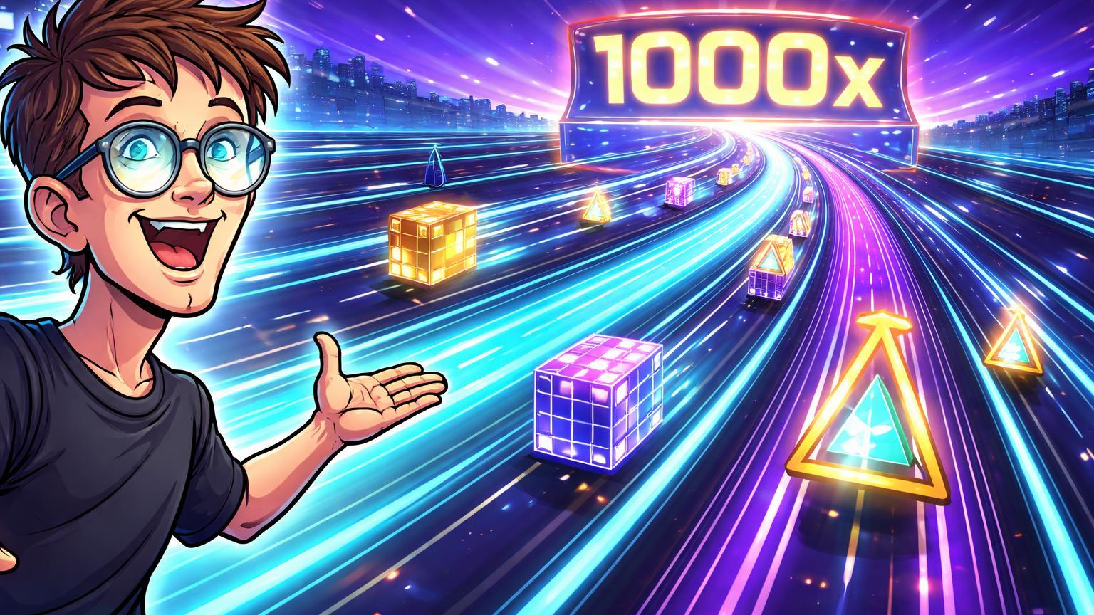 Vitalik cartoon gesticulando para autoestrada digital expandindo faixas com '1000x', simbolizando escala Ethereum via PeerDAS e ZKPs