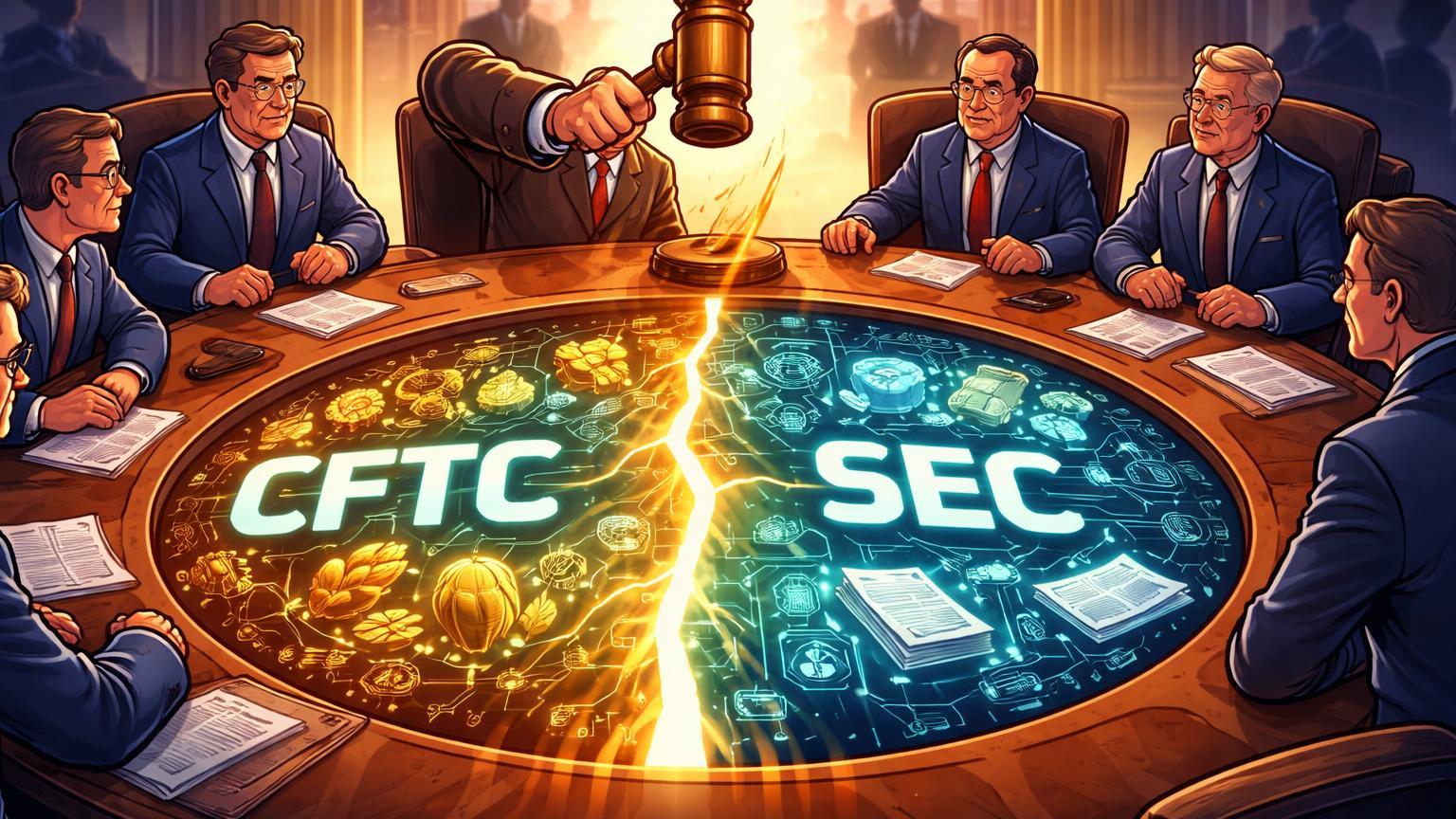 Senadores cartoon dividindo mapa holográfico cripto entre CFTC e SEC com martelo de markup, ilustrando votação regulatória no Senado EUA