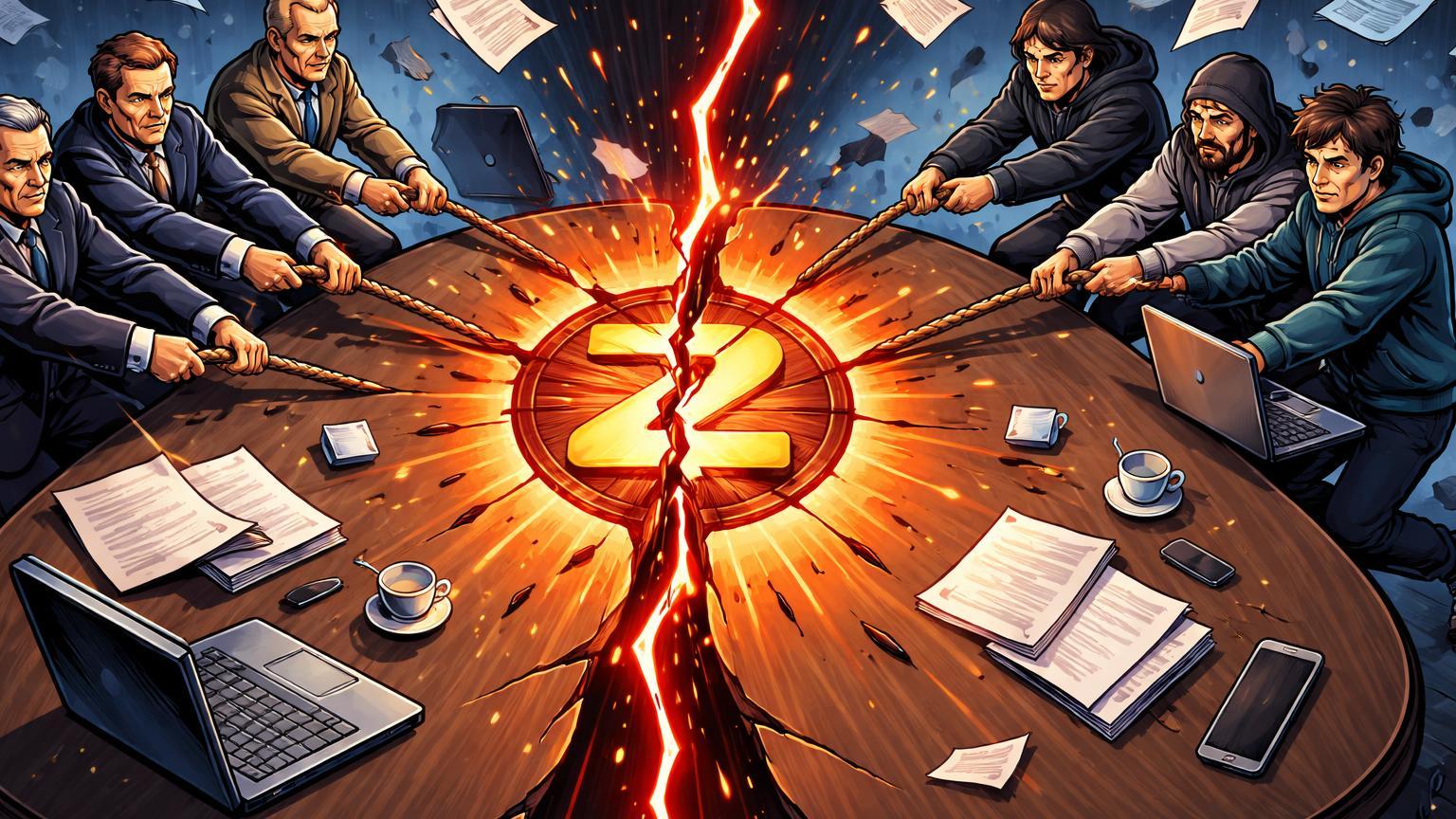 Executivos board e desenvolvedores cartoon disputando mesa rachada com ZEC fragmentado, ilustrando crise de governança no Zcash
