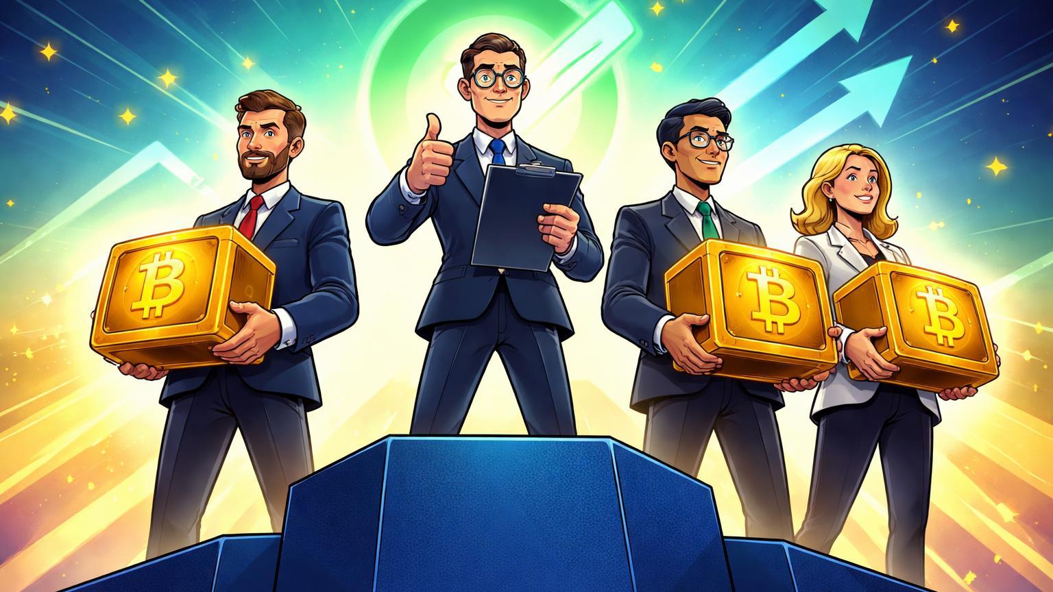 Executivos cartoon em pódio de índices segurando cofres BTC aprovados por árbitro MSCI, simbolizando otimismo institucional contínuo