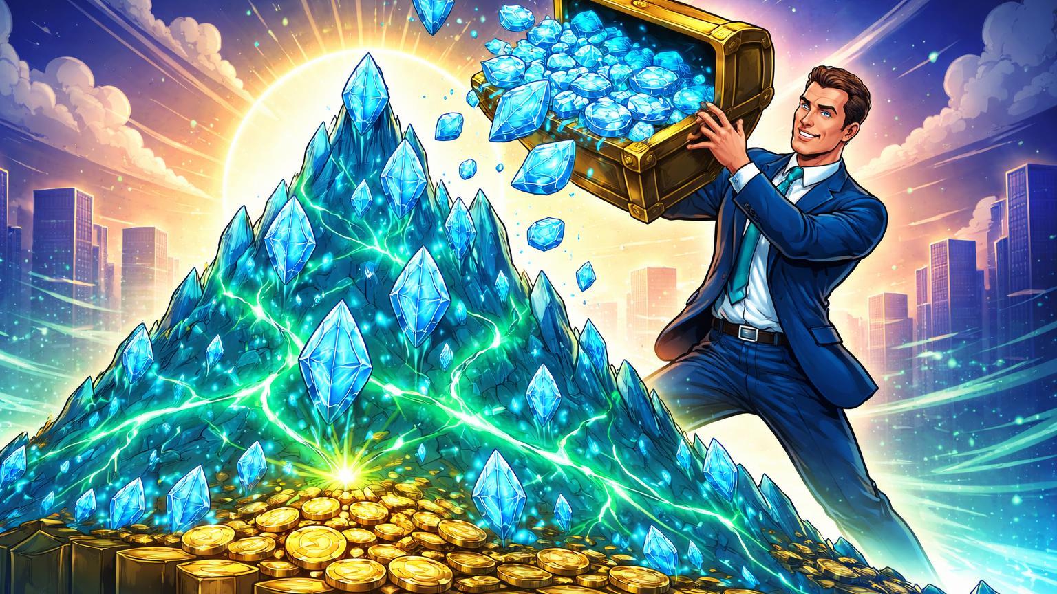 Executivo cartoon despejando baú de ETH em montanha stakeada crescente com veias verdes, simbolizando estratégia bullish da BitMine no Ethereum