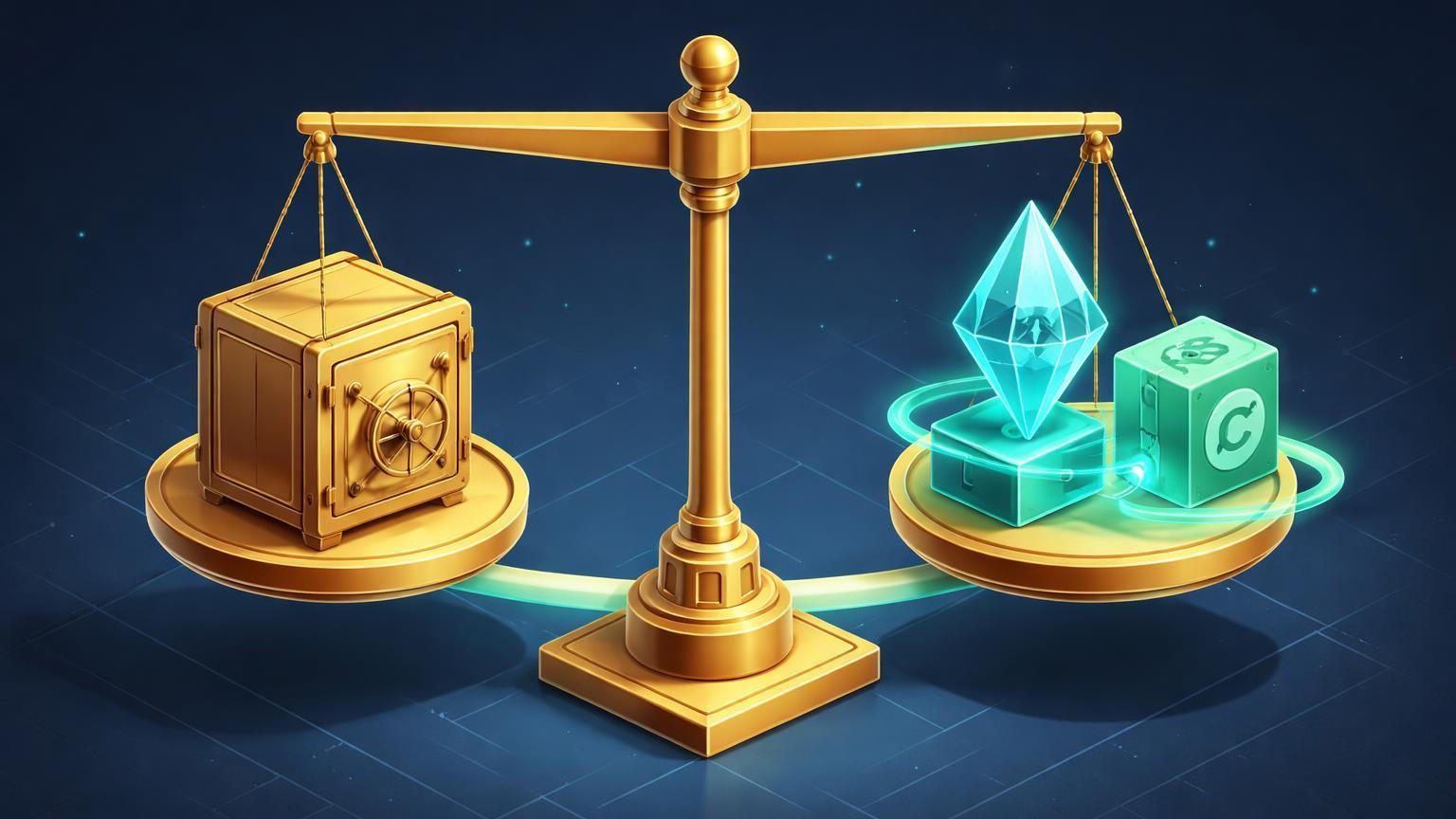 Balança isométrica equilibrando cofre poupança tradicional e estruturas DeFi de staking e lending, simbolizando yields cripto rivais e estáveis
