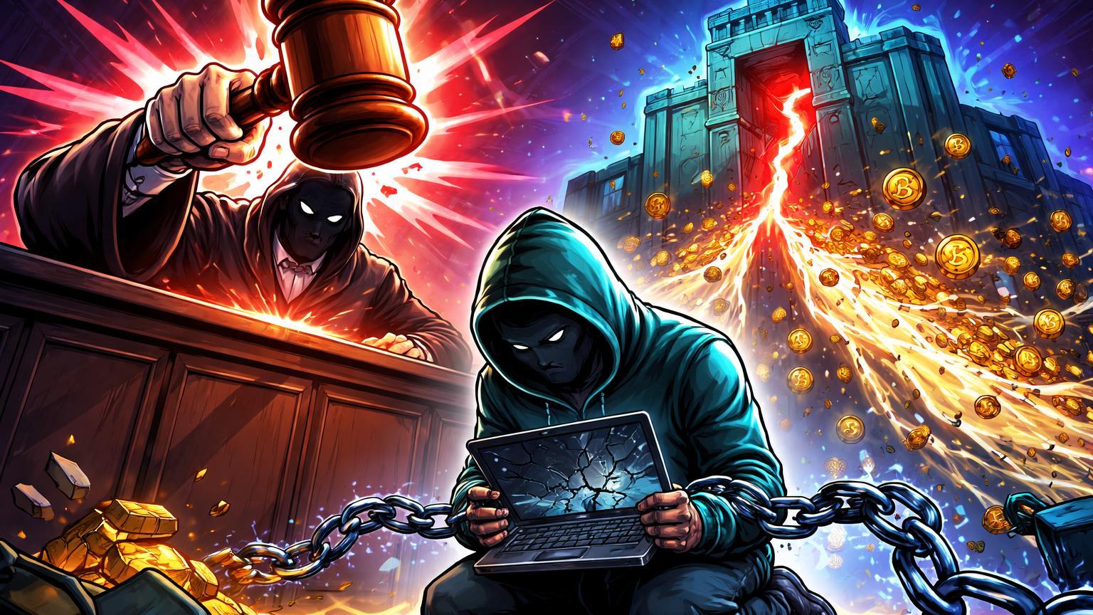 Juiz cartoon batendo martelo sobre hacker algemado diante de fortaleza Pix rachada, simbolizando prisão mantida em hack de R$ 813 milhões no Banco Central