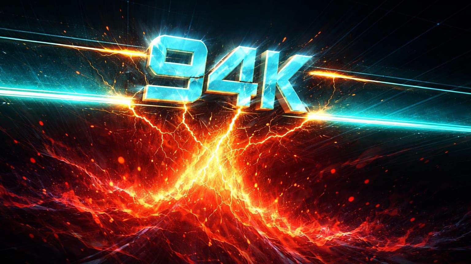 Barreira de resistência cyan com '94K' sob pressão de ondas vermelhas de liquidez, simbolizando teste crítico do Bitcoin em faixa estreita